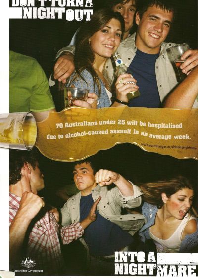 Campagne du gouvernement australien contre les violences provoquées par l’alcool, vue dans un magazine de surf australien.